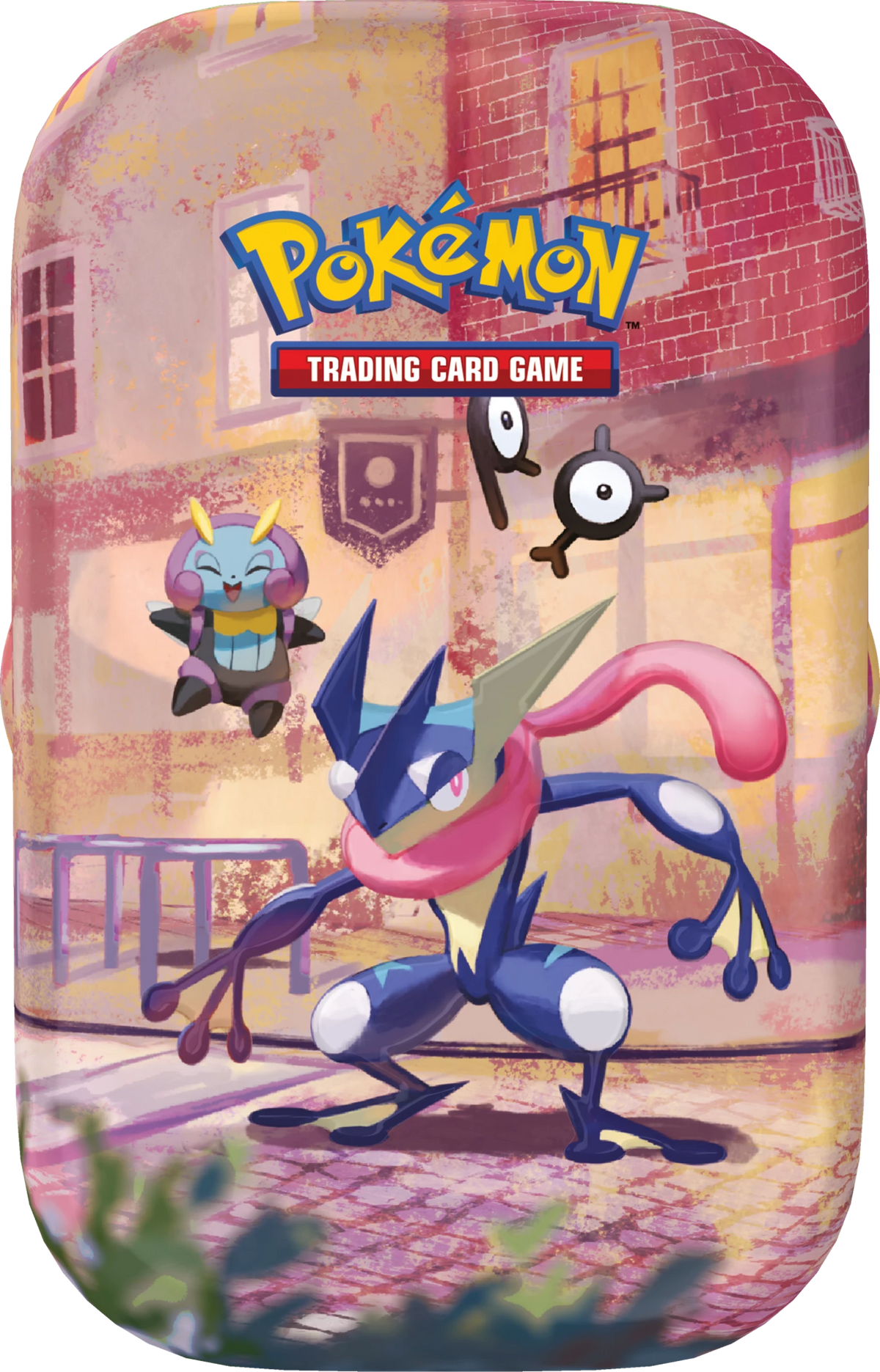 Pokémon Mini-Dose mit blauem Pokémon und rosa Drachen vor Backsteinwand