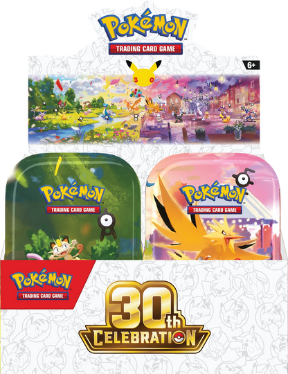 Display-Box für Pokémon 30th-Jubiläums-Mini-Tins mit Deckelansichten und „30th Celebration“-Logo
