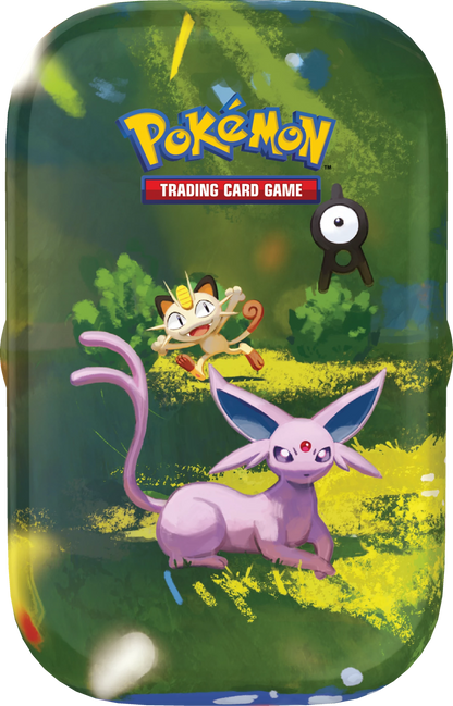 Mini-Tin mit Pokémon in Waldszene, grünem Hintergrund und „Trading Card Game“-Logo