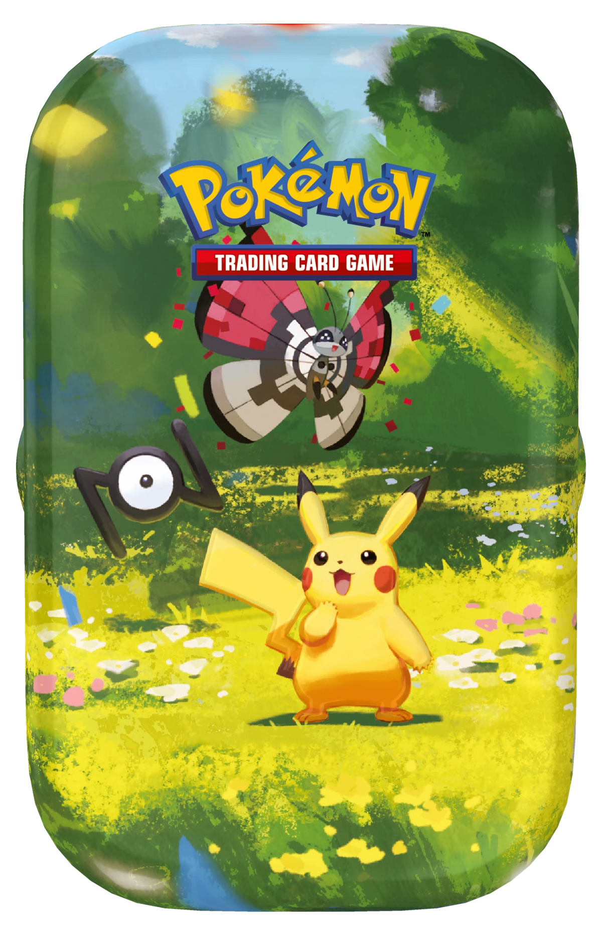Mini-Tin mit Pokémon-Illustration von Pikachu in gelber Lichtung und „Trading Card Game“-Logo