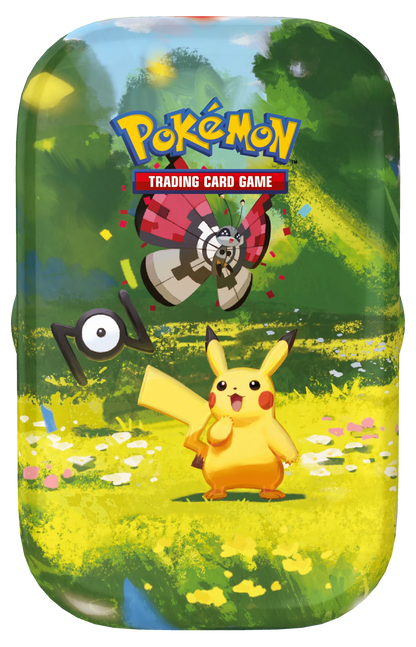 Pokémon-Minidose Trading Card Game mit rotem Drachen, gelbem Pikachu und schwarzer Figur