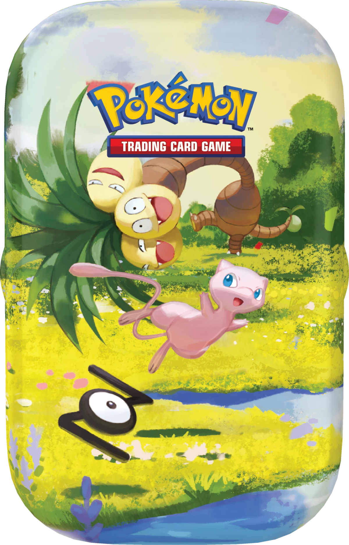 Mini-Tin mit Pokémon in Wiesenlandschaft, grünem Blätterrahmen und „Trading Card Game“-Logo