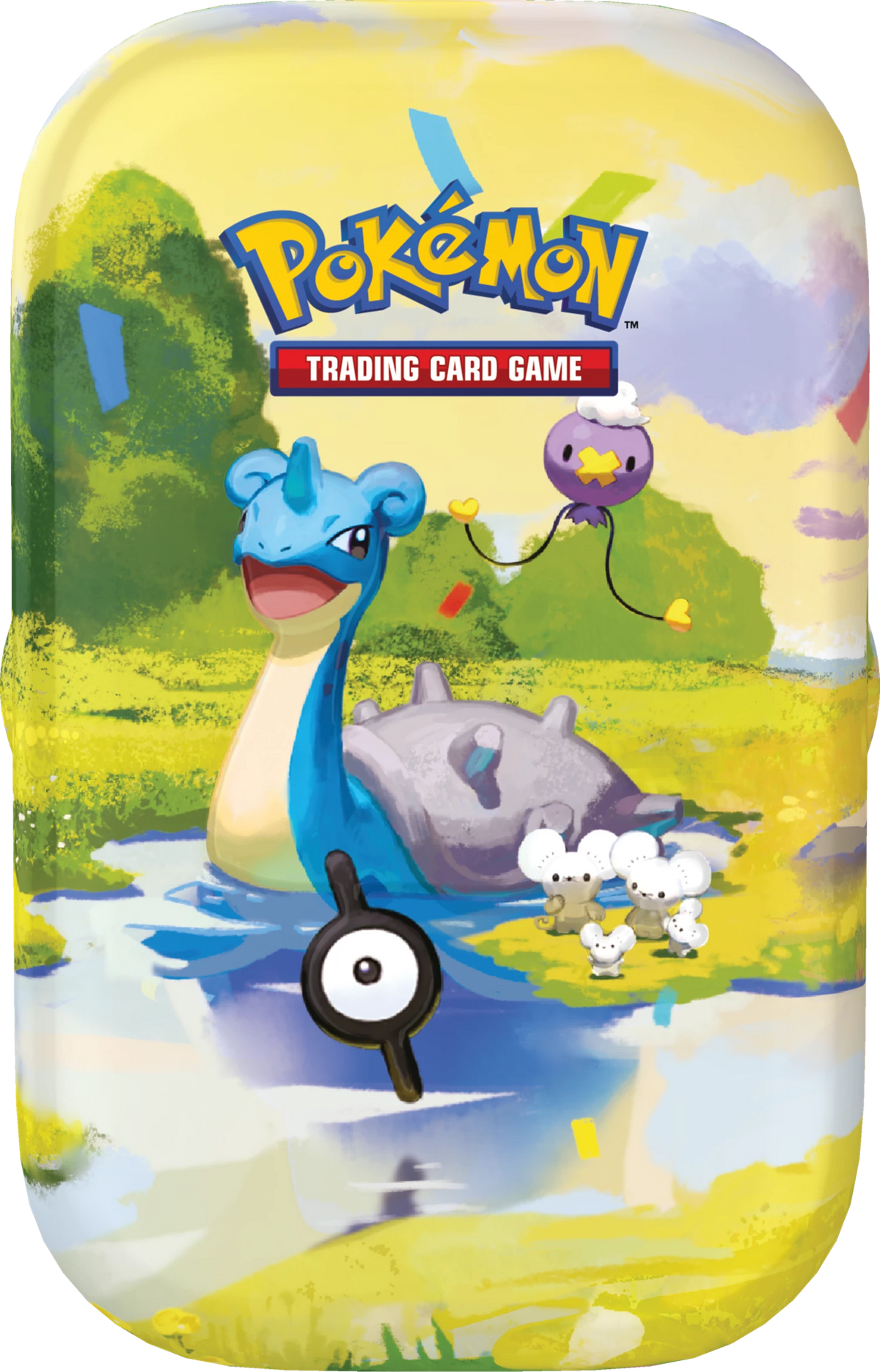 Mini-Tin mit blauem Pokémon, schwimmendem Pokémon und „Trading Card Game“-Logo