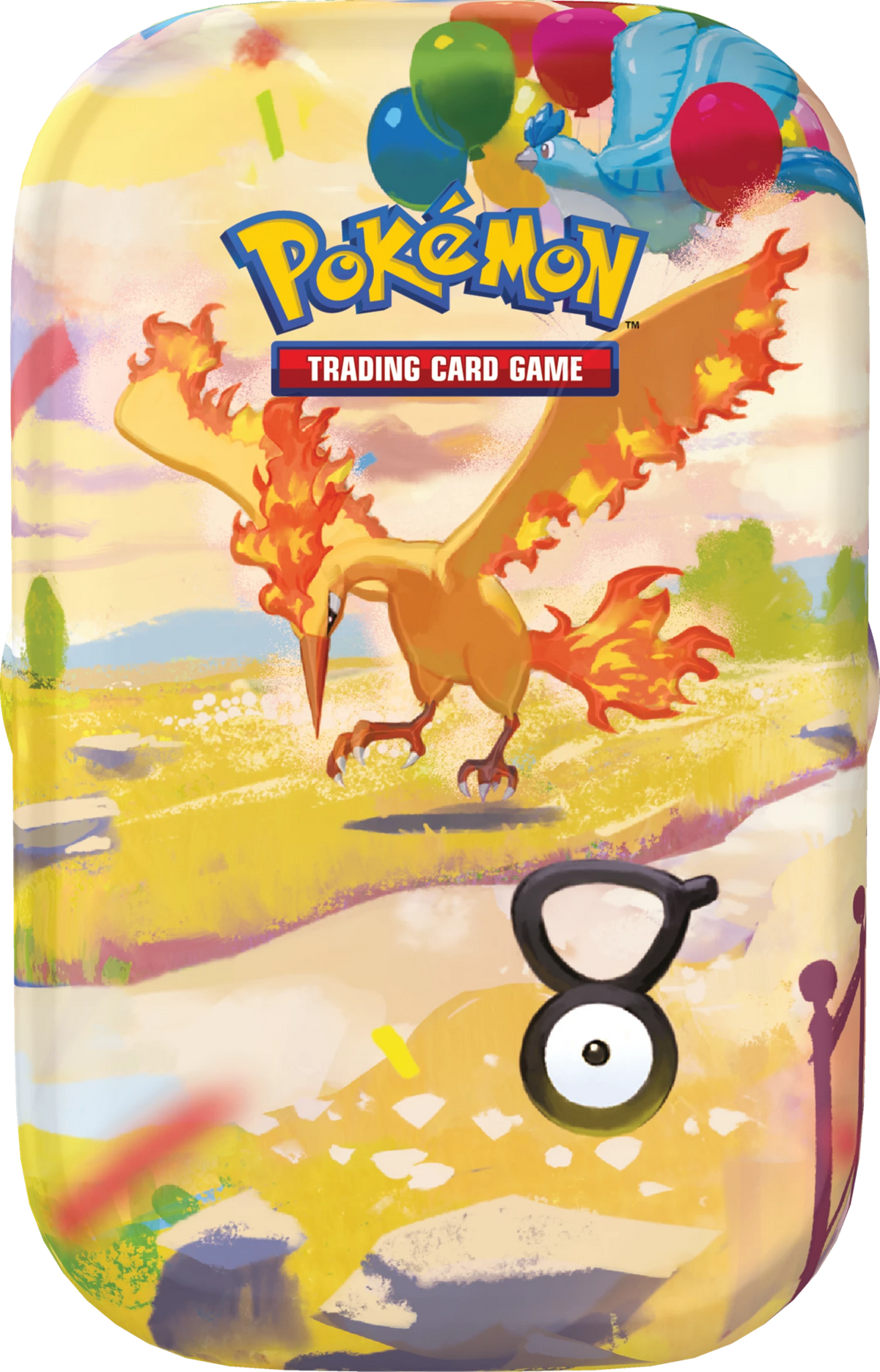 Mini-Tin mit Pokémon-Illustration und Feuerflammen, mit „Trading Card Game“-Logo