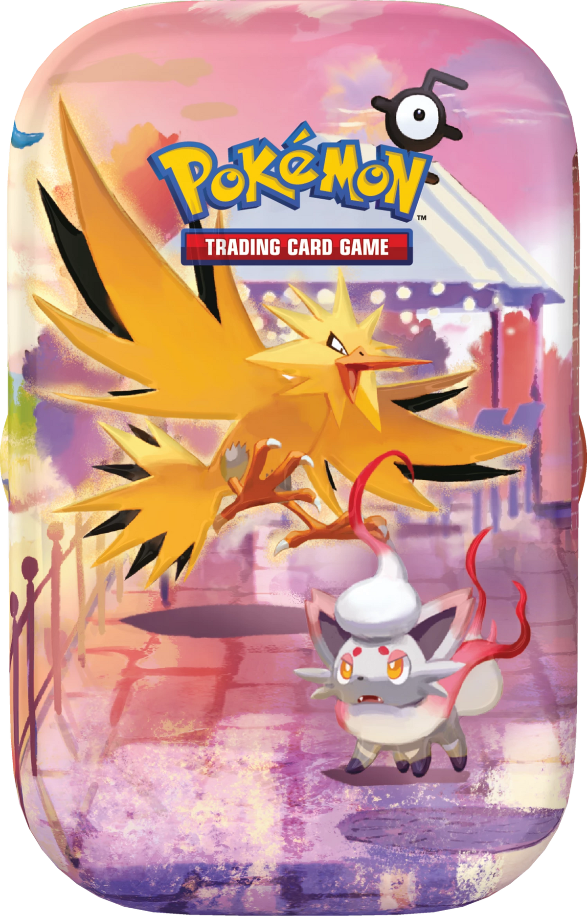Mini-Tin mit großem gelbem Drachen-Pokémon und pinkem Himmel, „Trading Card Game“-Logo