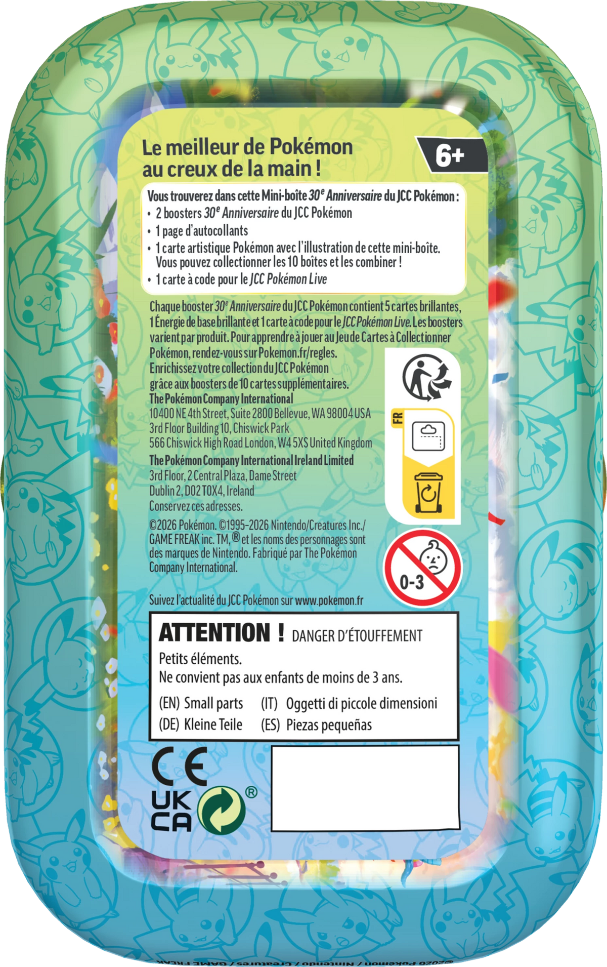 Pokémon Mini-Tin 30. Jubiläum, Rückseite mit Spielhinweisen und Warntext