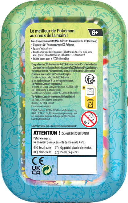 Pokémon Mini-Tin 30. Jubiläum, Rückseite mit Spielhinweisen und Warntext