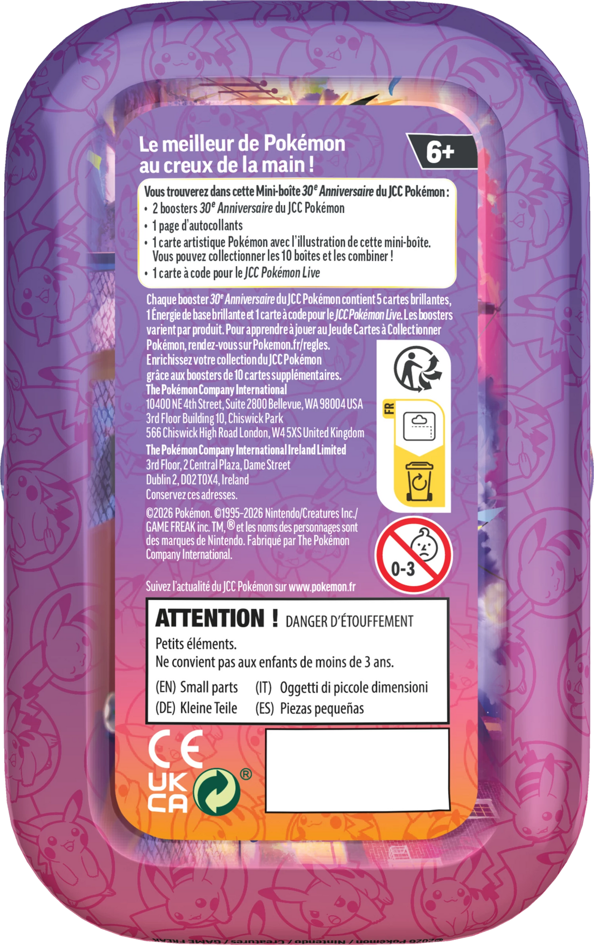 Pokémon Mini-Tin 30. Jubiläum, Rückseite mit Spielhinweisen, lila Hintergrund