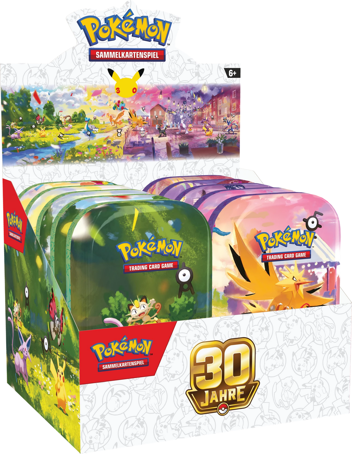 Pokémon-Minidose mit 30-Jahre-Logo und Sammelkarten-Box im Frontdesign