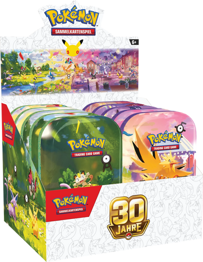 Pokémon-Minidose mit 30-Jahre-Logo und Sammelkarten-Box im Frontdesign