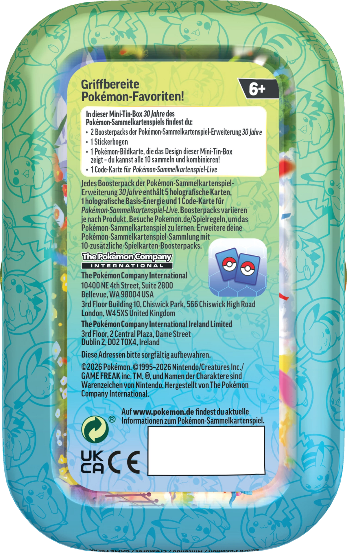 Pokémon-Minidose Rückseite in Blaugrün mit Text, UKCA und 6+ Altersangabe