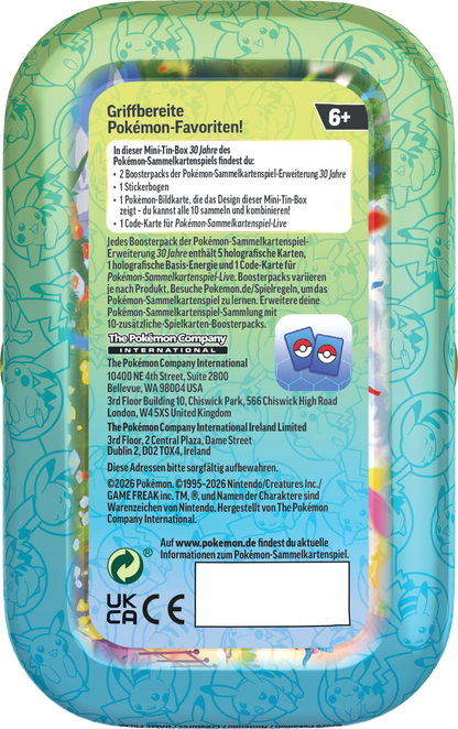 Pokémon-Minidose Rückseite in Blaugrün mit Text, UKCA und 6+ Altersangabe