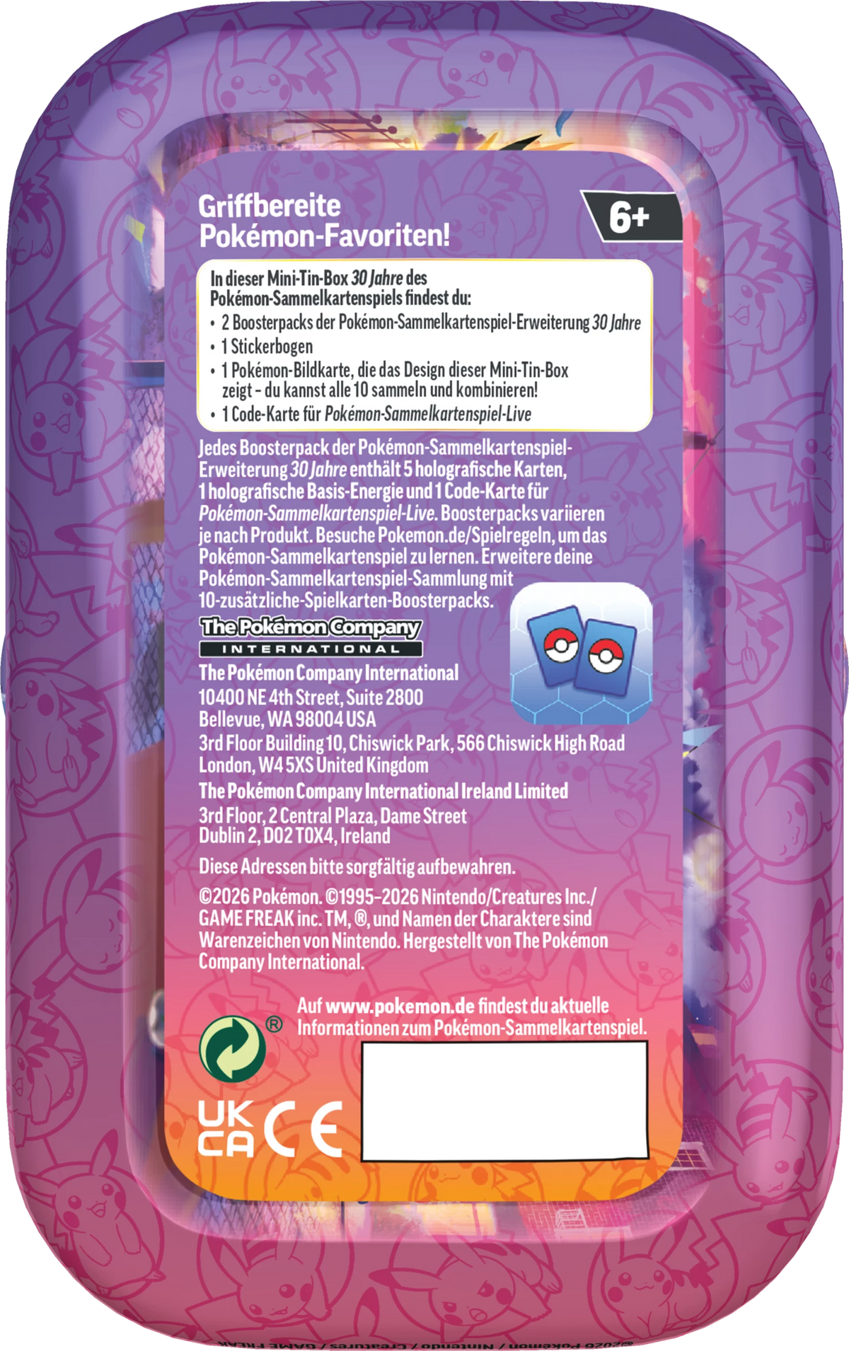 Pokémon-Minidose Rückseite in Lila mit Text, UKCA und 6+ Altersangabe