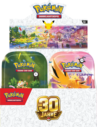 Pokémon-Minidose-Set mit grünem und pinkem Design sowie 30-Jahre-Emblem