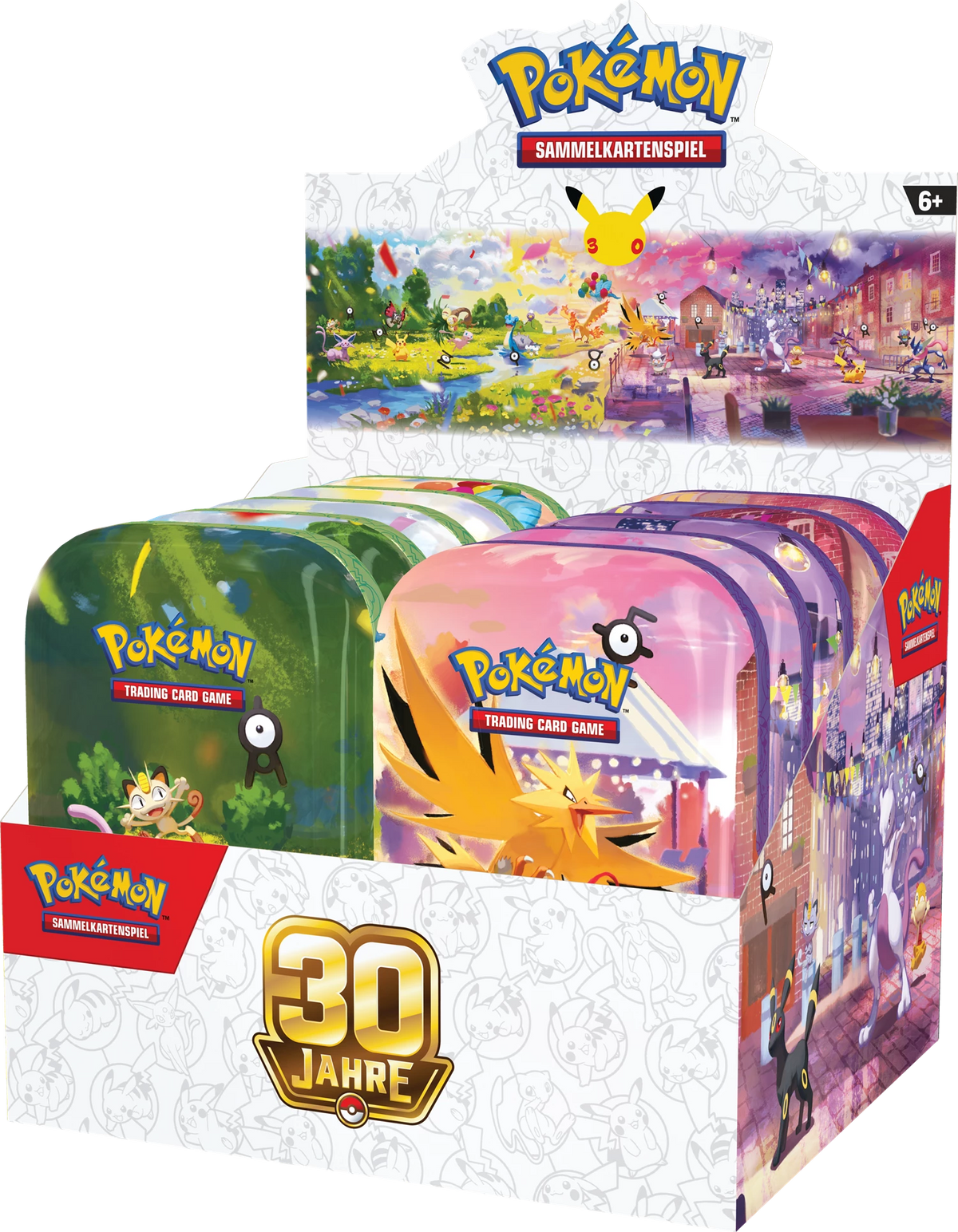 Pokémon-Minidose-Set mit zwei Kartenspielen im Fenster und 30-Jahre-Emblem
