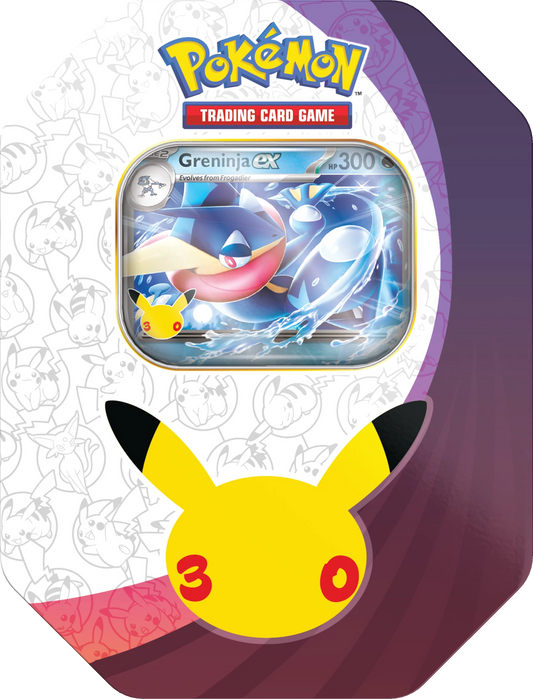 Pokémon 30th-Anniversary ex-Tin mit Greninja-ex Vorderseite und Pikachu-Emblem