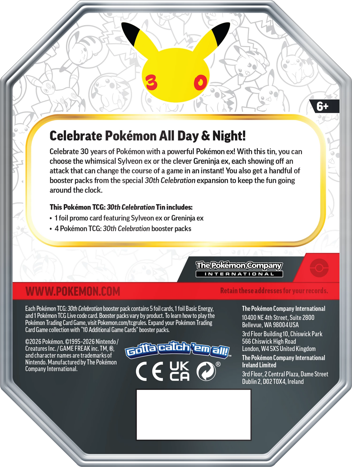 Pokémon 30th-Anniversary ex-Tin Rückseite mit Pikachu und 6+-Hinweis