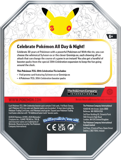 Pokémon 30th-Anniversary ex-Tin Rückseite mit Pikachu und 6+-Hinweis