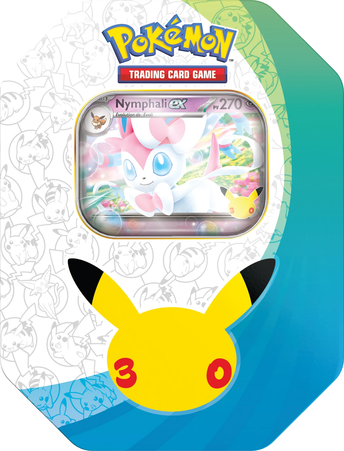 Pokémon ex-Metallbox Vorderseite mit Nymphalie ex und großem Pikachu