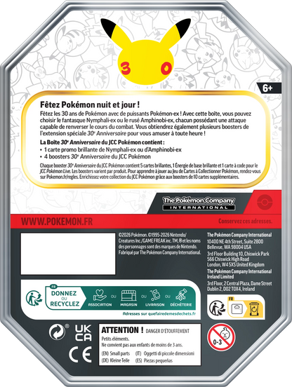 Pokémon-Ex-Tin Rückseite mit Spielhinweisen, CE- und Herstellerlogos