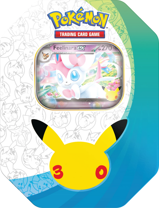 Pokémon-Sammeldose mit Sichtfenster und Pikachu-Grafik; Pokémon Trading Card Game