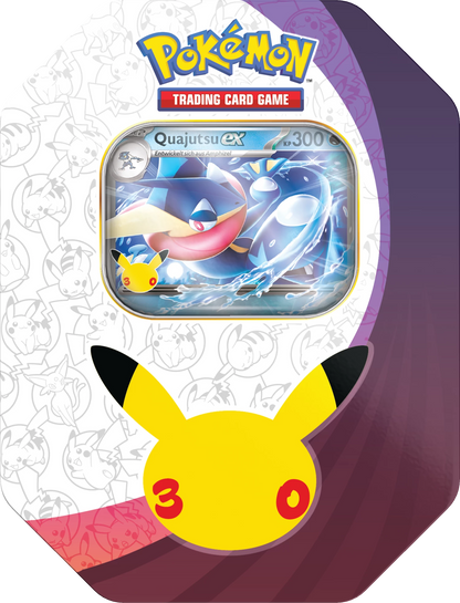Pokemon-Dose Trading Card Game mit QuajutsuEX-Illustration und Pikachu-Motiv