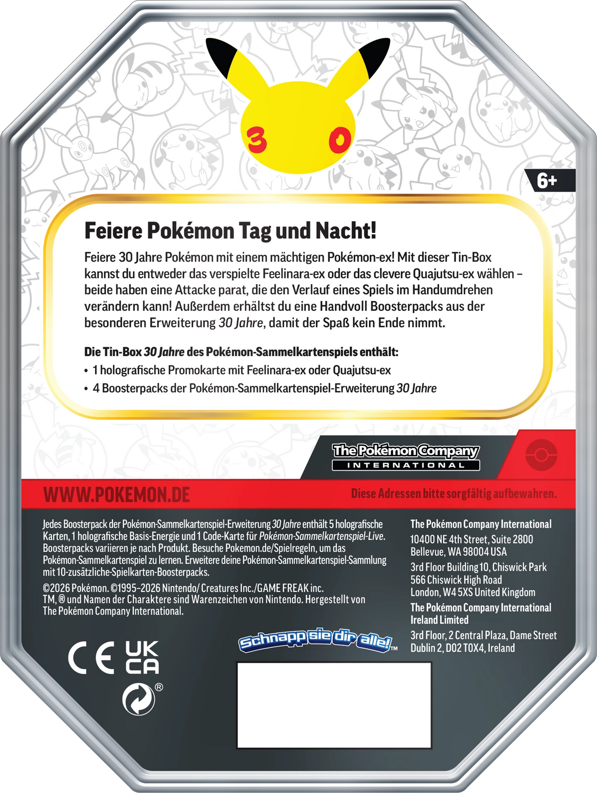 Pokemon-Dose mit Pikachu-Motiv, Rückseite mit Hinweistext und Sichtfenster