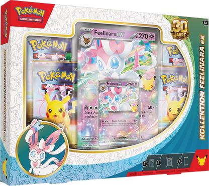 Pokémon Sammelbox mit Feelinara ex Kartendesign und Feelinara-Maskottchen links