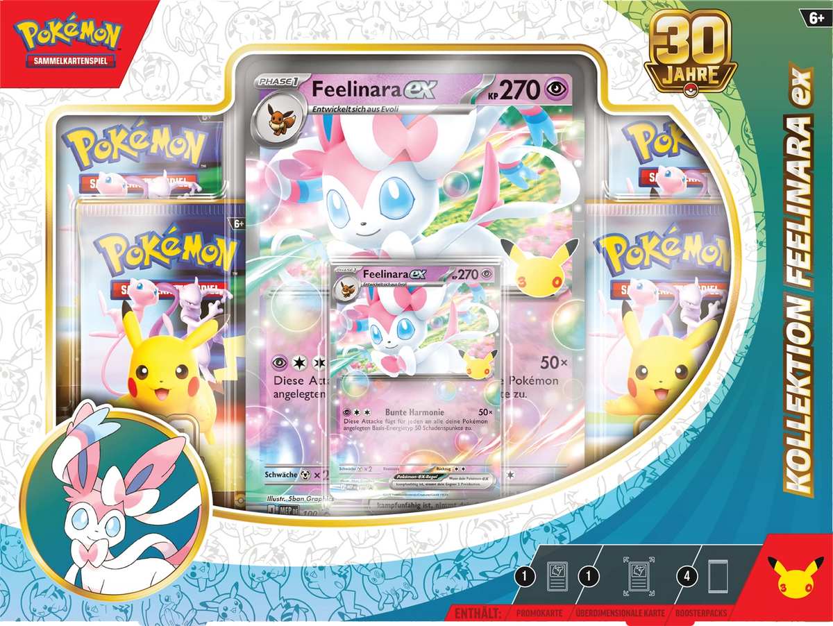Pokémon Sammelbox Vorderseite mit Feelinara ex Kartensatz und 30-Jahre-Aufdruck