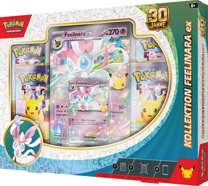 Pokémon Sammelbox mit Feelinara ex Kartenpackung, buntem Pokémon-Design, 30 Jahre