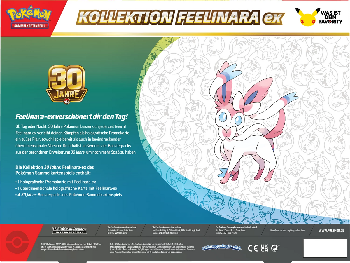 Pokémon Kartenbox Rückseite mit Feelinara ex Motiv und 30-Jahre-Design