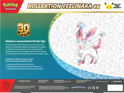 Pokémon Kartenbox Rückseite mit Feelinara ex Motiv und 30-Jahre-Design