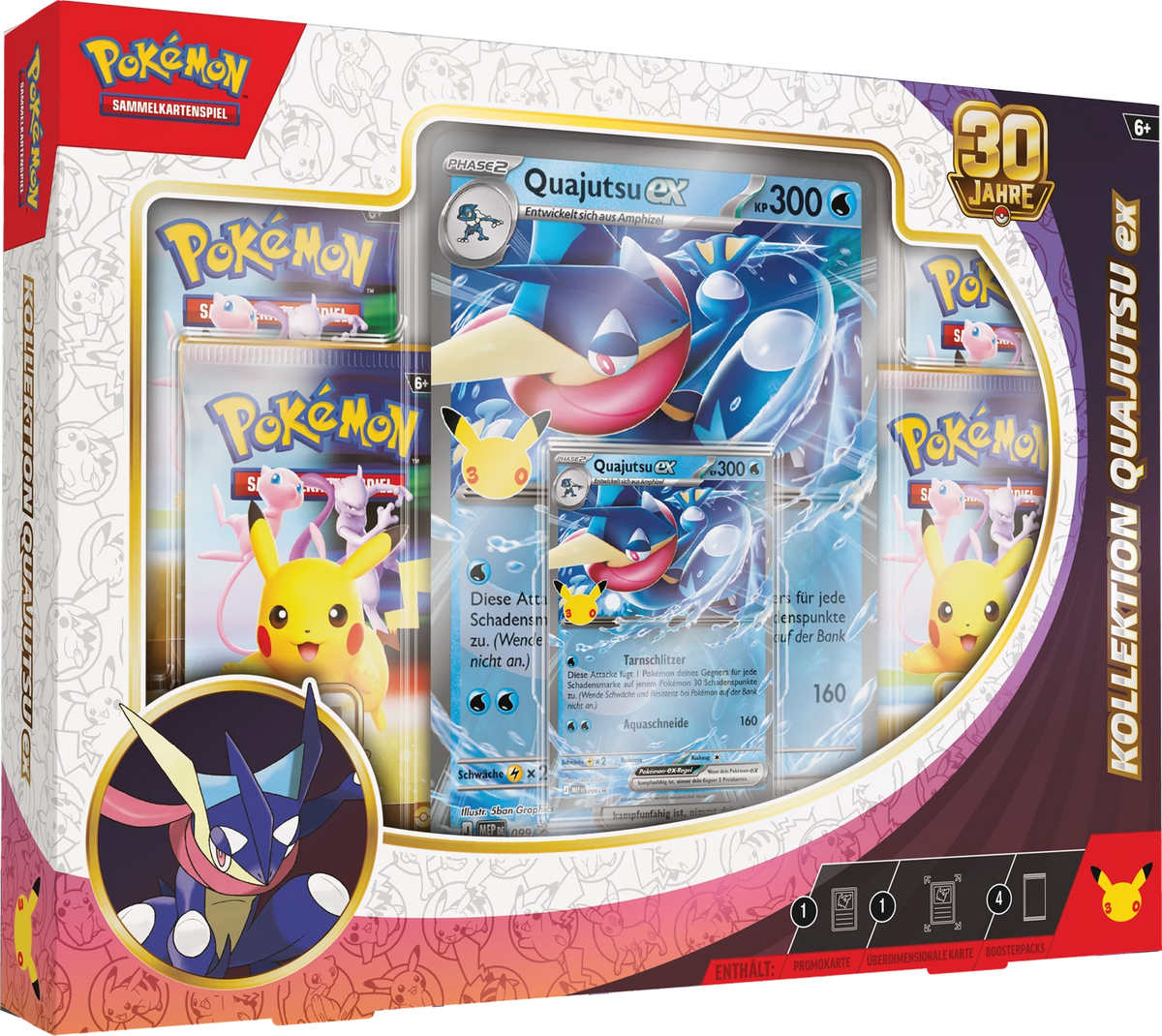 Pokémon-Ex-Box „30 Jahre“ mit Greninja-Porträt und Quajutsu-ex Kartenfenster