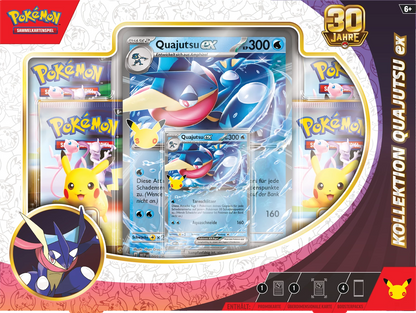 Pokémon-Ex-Box „30 Jahre“ mit Greninja-Emblem und Quajutsu-ex Kartenansicht