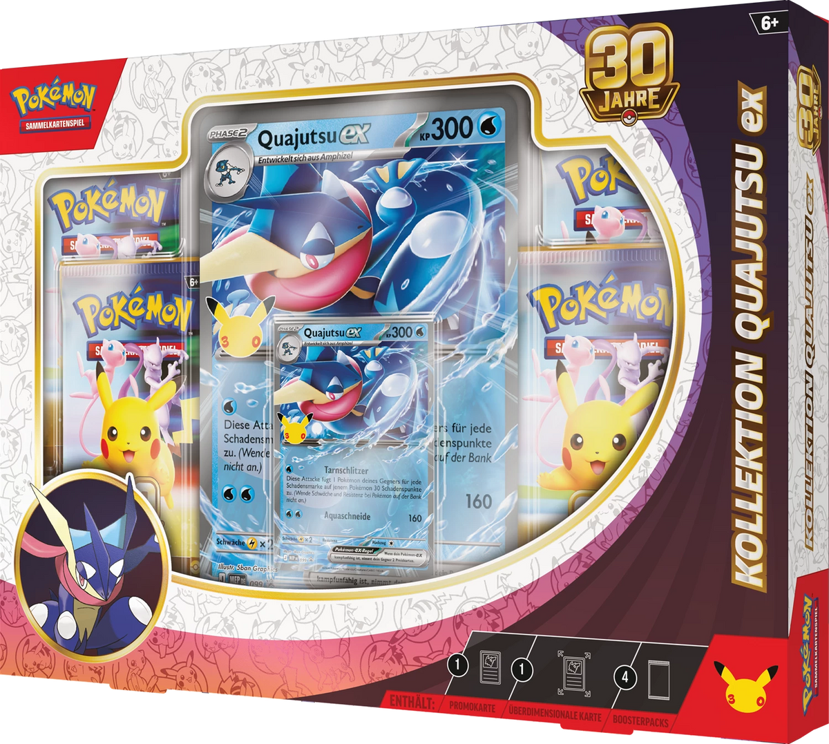 Pokémon-Ex-Box „30 Jahre“ mit Greninja-Illustration und Quajutsu-ex Karten im Fenster