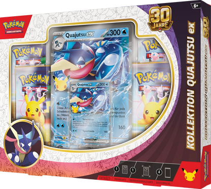 Pokémon-Ex-Box „30 Jahre“ mit Greninja-Illustration und Quajutsu-ex Karten im Fenster