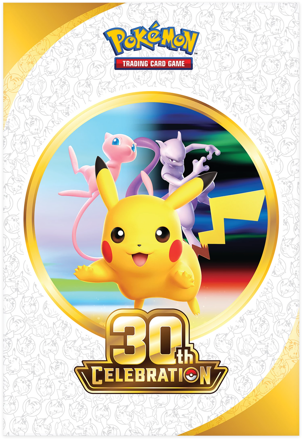 Pokémon 30th Celebration Poster mit Pikachu und zwei Pokémon im Farbkreismotiv
