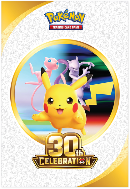 Pokémon 30th Celebration Poster mit Pikachu und zwei Pokémon im Farbkreismotiv
