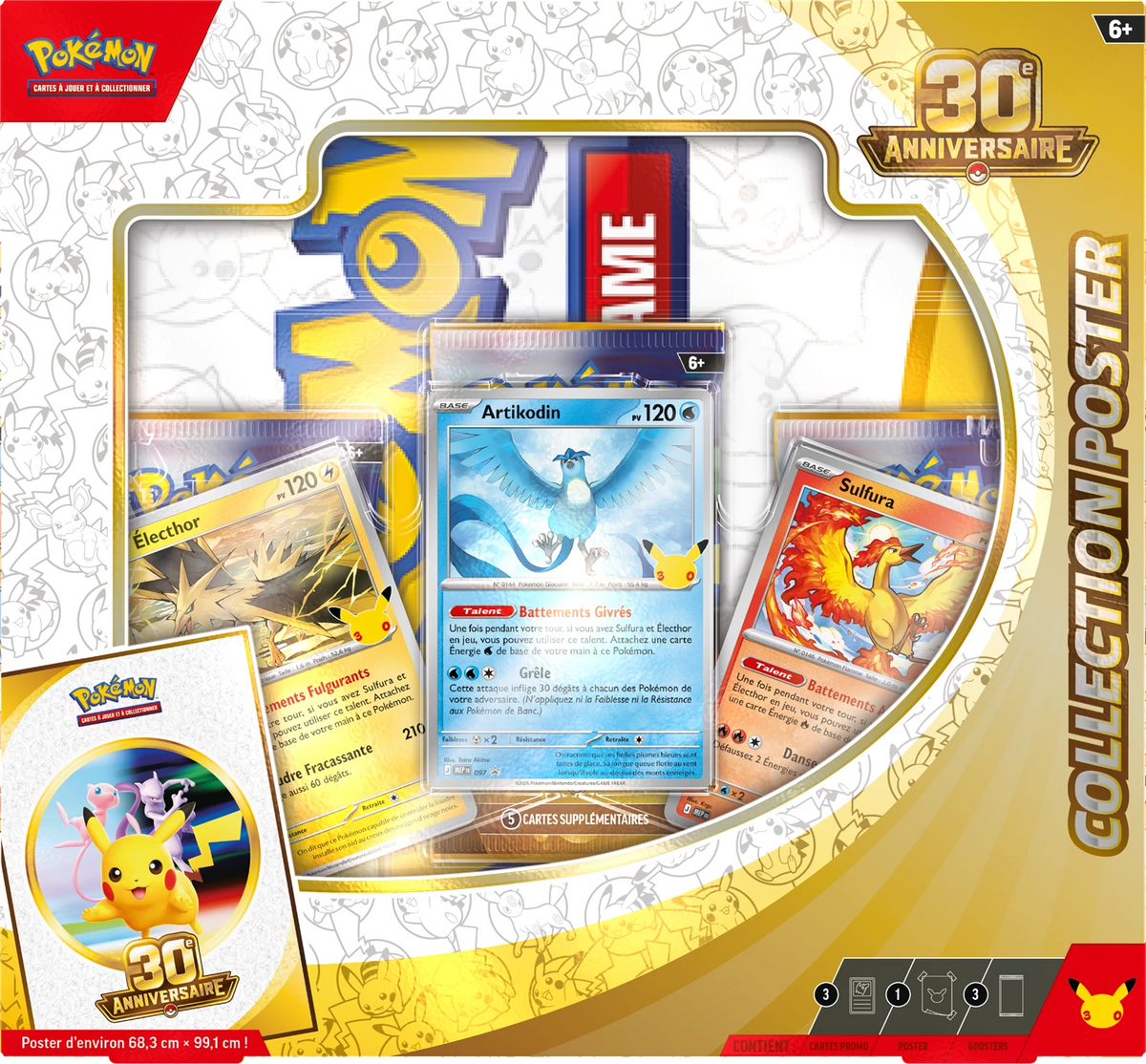 Pokémon-Poster-Set 30. Jubiläum: Boxansicht mit Kartenspielen und drei Figuren-Illustrationen