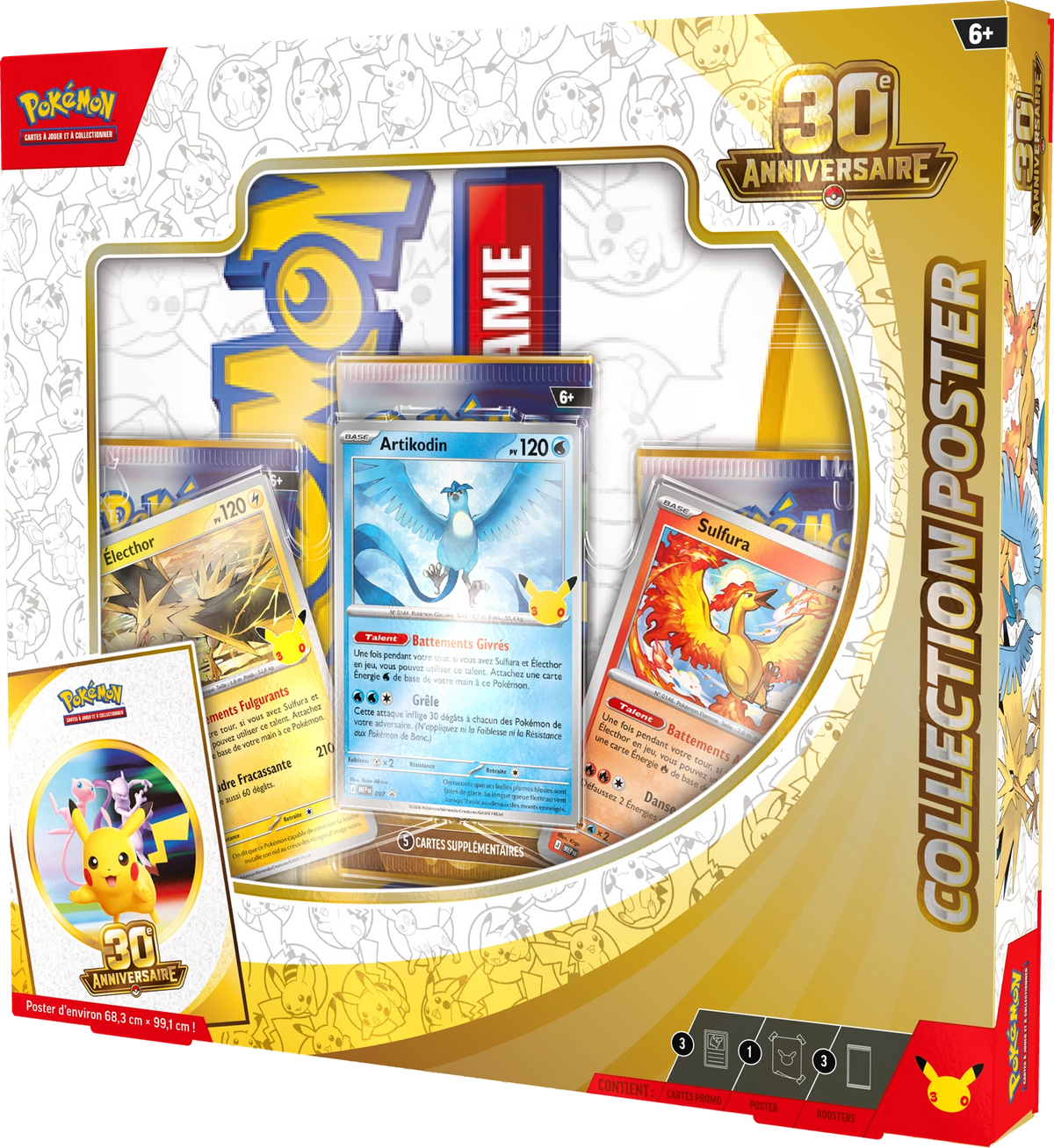 Pokémon-Poster-Set 30. Jubiläum in Box, Frontansicht mit drei Pokémon-Karten