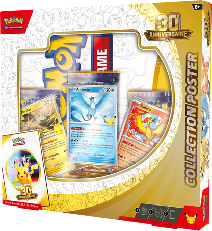 Pokémon-Poster-Set 30. Jubiläum in Box, Frontansicht mit drei Pokémon-Karten