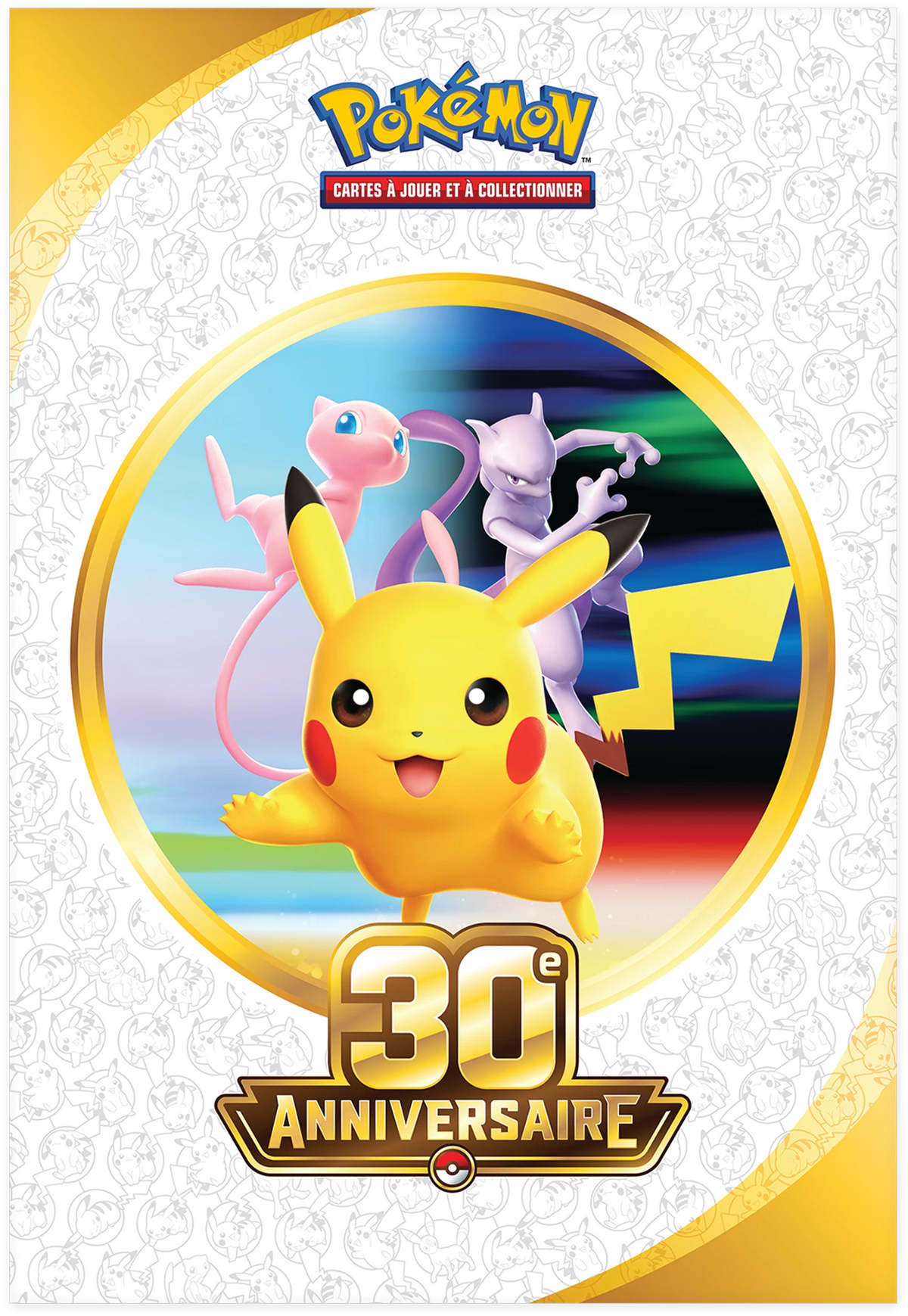 Pokémon-Poster 30. Jubiläum mit Pikachu im goldenen Kreis vor buntem Hintergrund