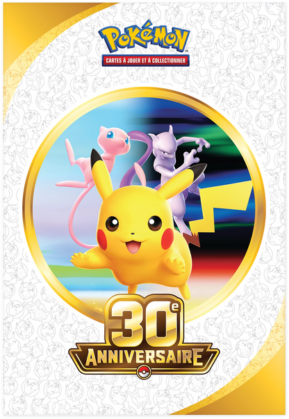 Pokémon-Poster 30. Jubiläum mit Pikachu im goldenen Kreis vor buntem Hintergrund