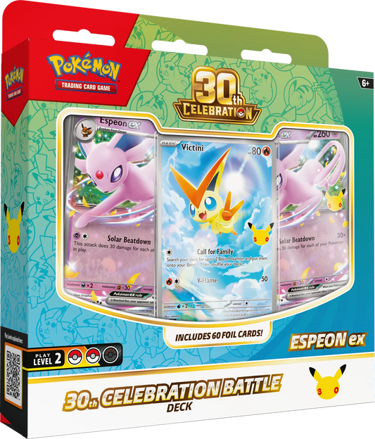 Pokémon 30th Celebration Battle Deck mit Espeon ex, drei Kartenansichten auf Vorderseite