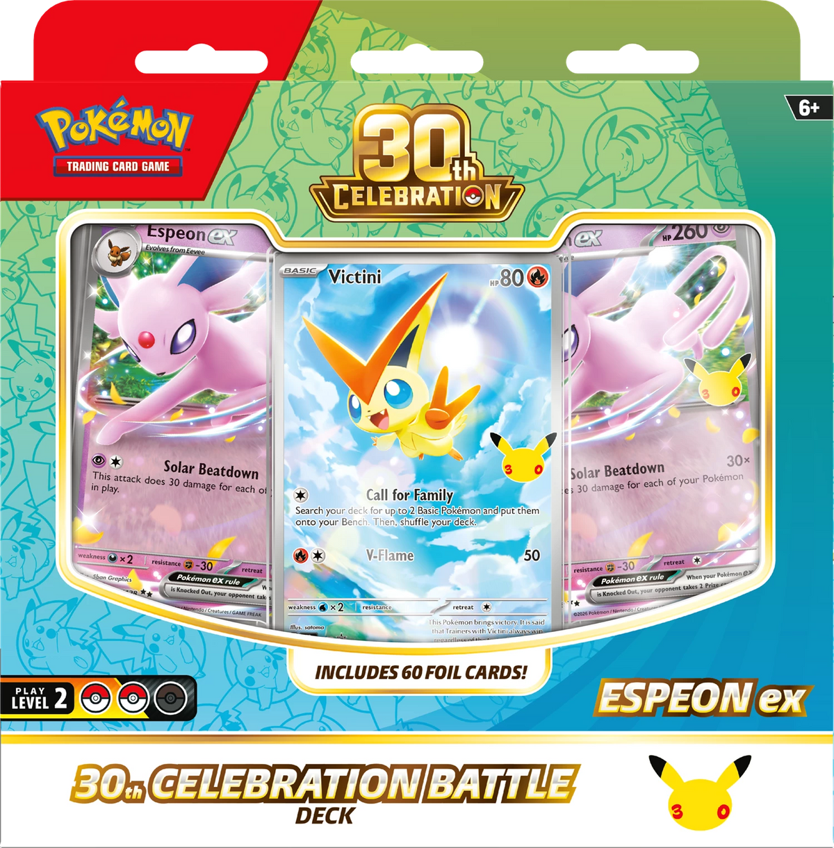 Pokémon 30th Celebration Battle Deck mit Espeon ex, Kartenlayout und Anzeige für 60 Foil-Karten