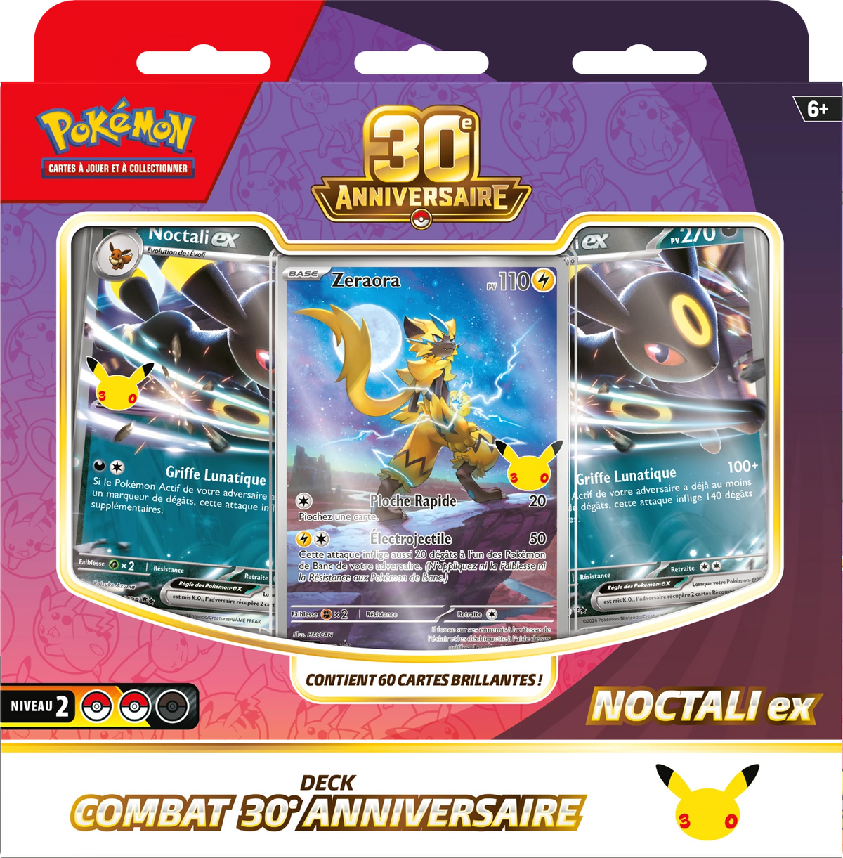 Pokémon 30-jähriges Kampfdeck Noctali ex mit drei Kartenillustrationen in der Packung