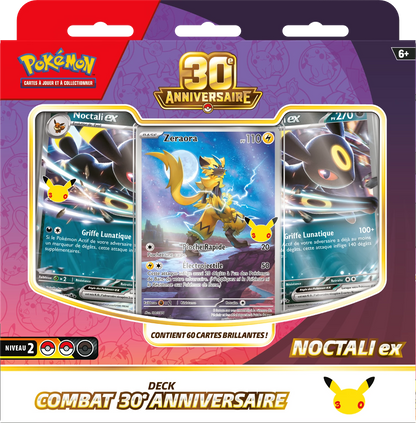 Pokémon 30-jähriges Kampfdeck Noctali ex mit drei Kartenillustrationen in der Packung