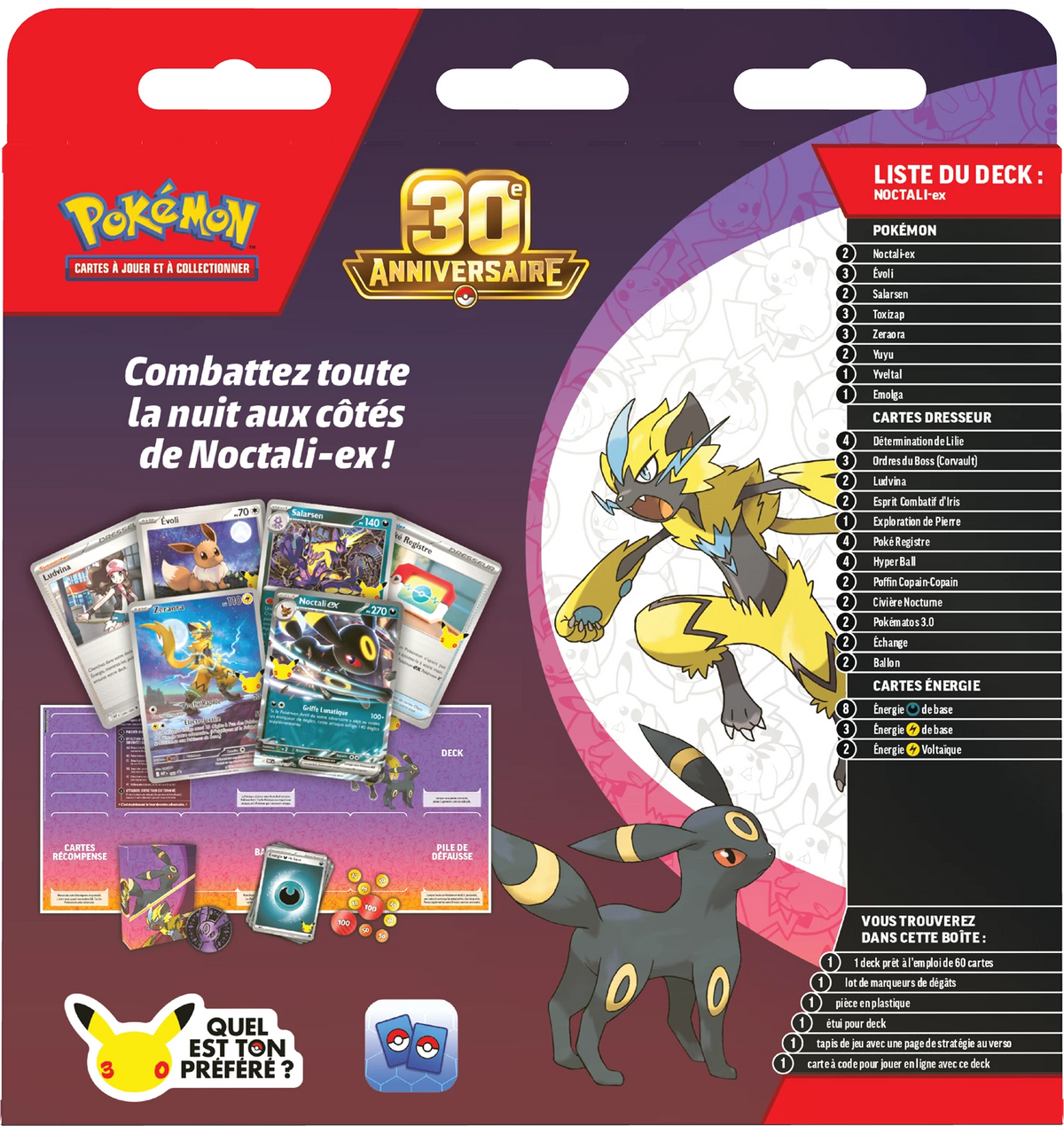 Pokémon 30 Jahre Kampfdeck mit Noctali ex, Karten und Energien auf Klappansicht