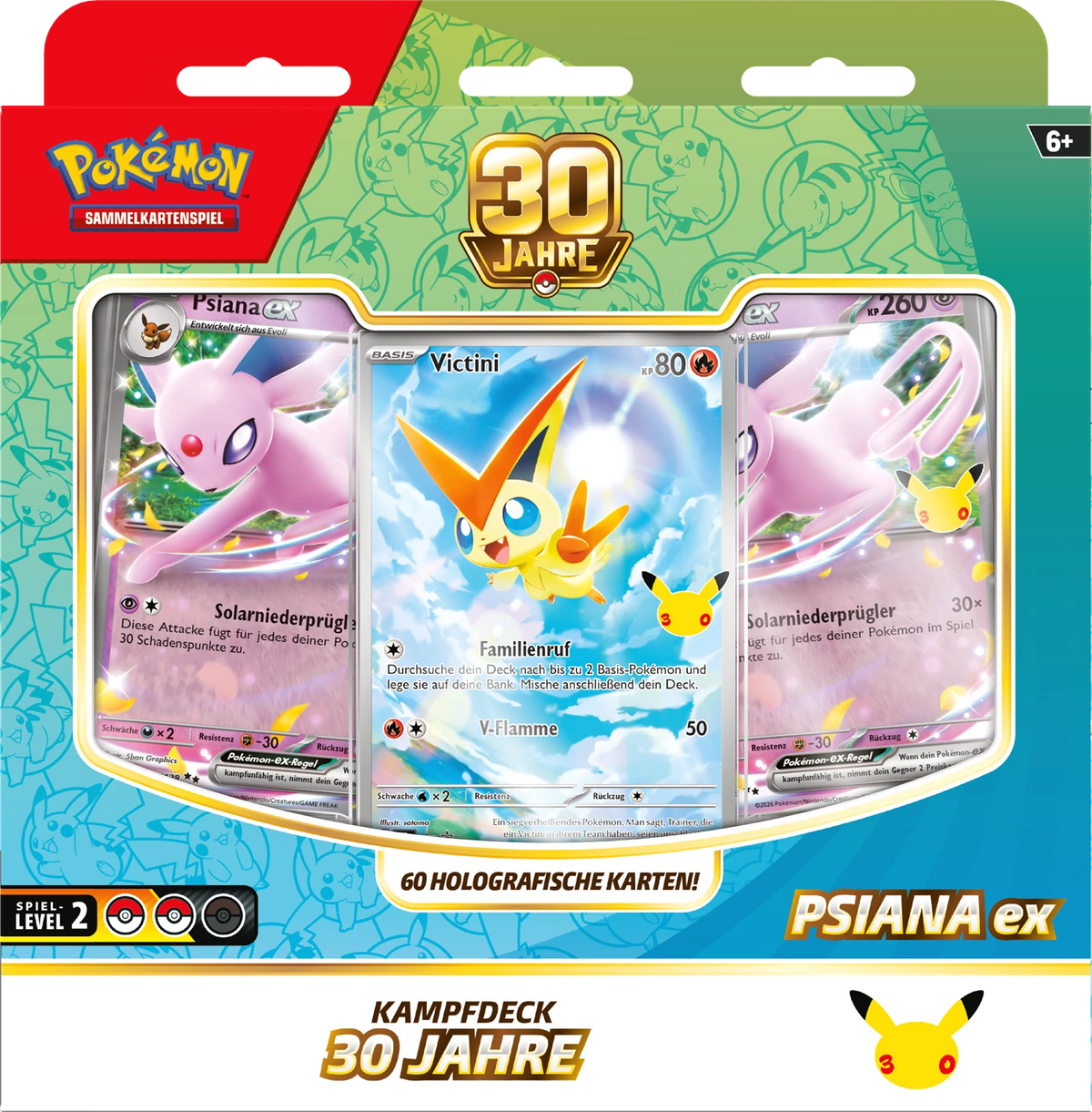 Pokémon Kampfdeck 30 Jahre Psiana ex, Vorderseite mit drei Kartendarstellungen