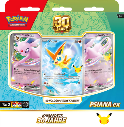 Pokémon Kampfdeck 30 Jahre Psiana ex, Vorderseite mit drei Kartendarstellungen